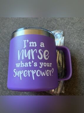 “I’m a NURSE what’s your superpower?” mug, with silver spoon and cleaning tool.